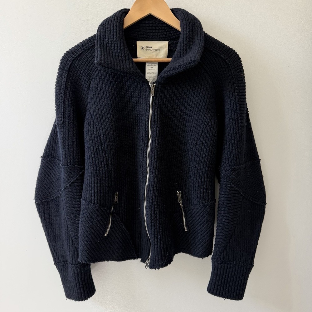 Etoile Isabel Marant Wool Jacket Womens 3 Blue Zip Chunky Knit Moto
